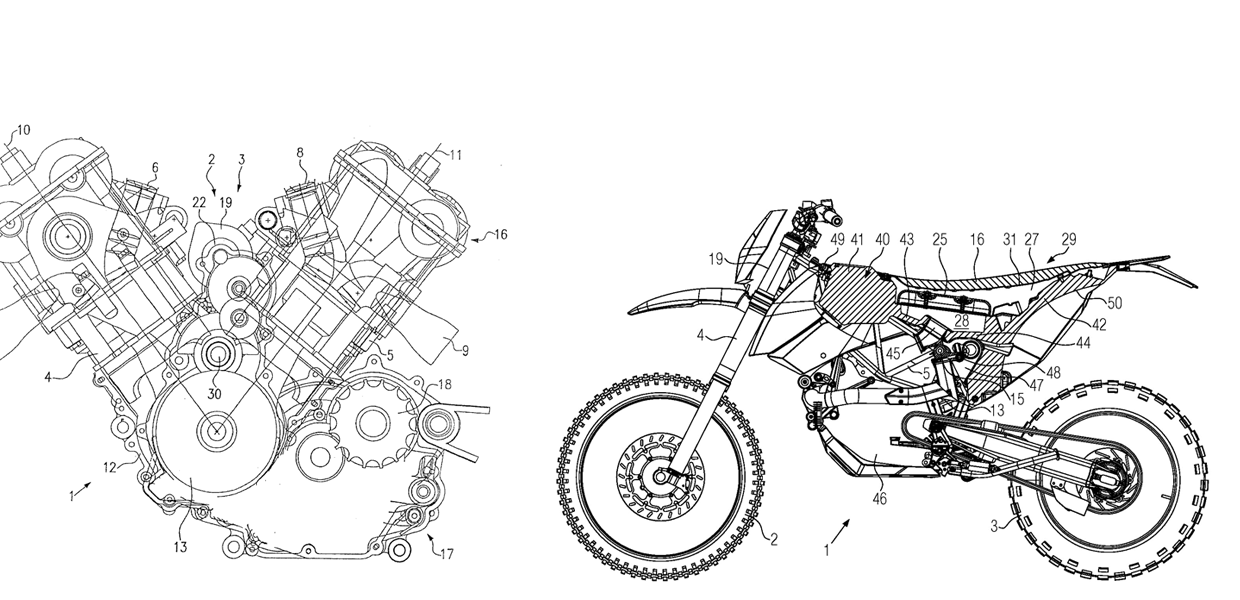 picture left: V2 Motorcycle engine     Picture right: motorcycle with air filter element integrated in the fuel tank